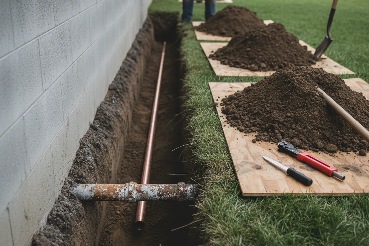 Excavated water line trench during Water Heater Repair in Pennington